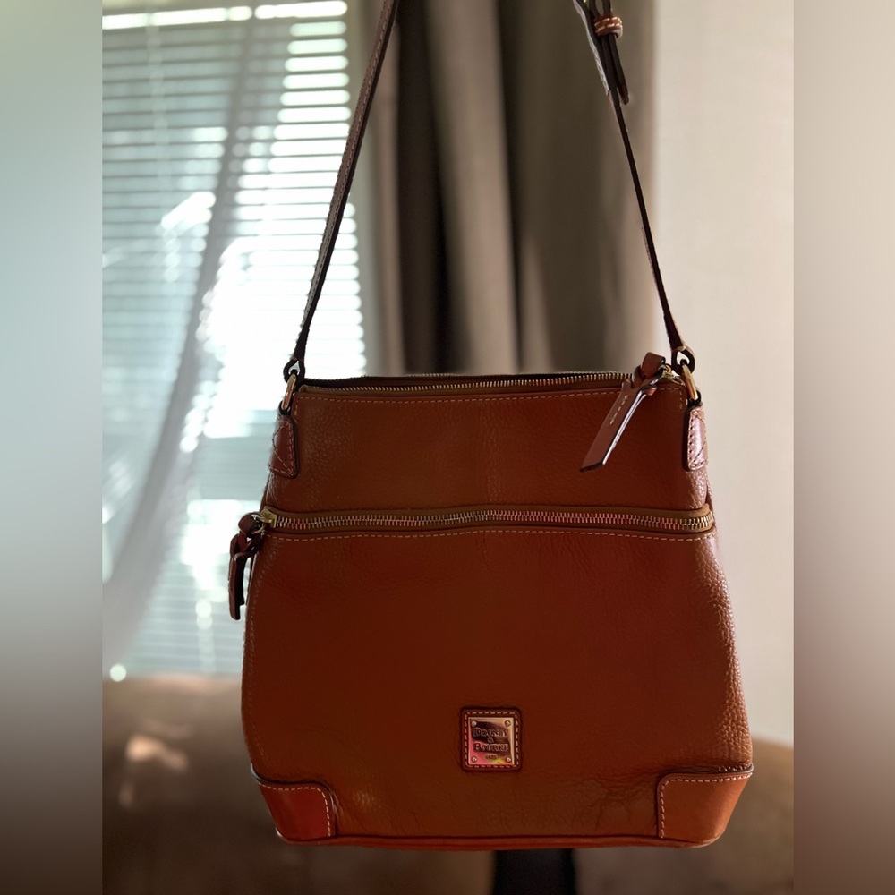 Dooney & Bourke Brown Leather Caramel Pebble Grain Crossbody, Adjustable Strap
